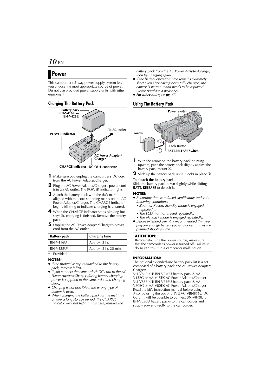 JVC JY-HD10 manual 10 EN, Power, Charging The Battery Pack, Using The Battery Pack, Information 