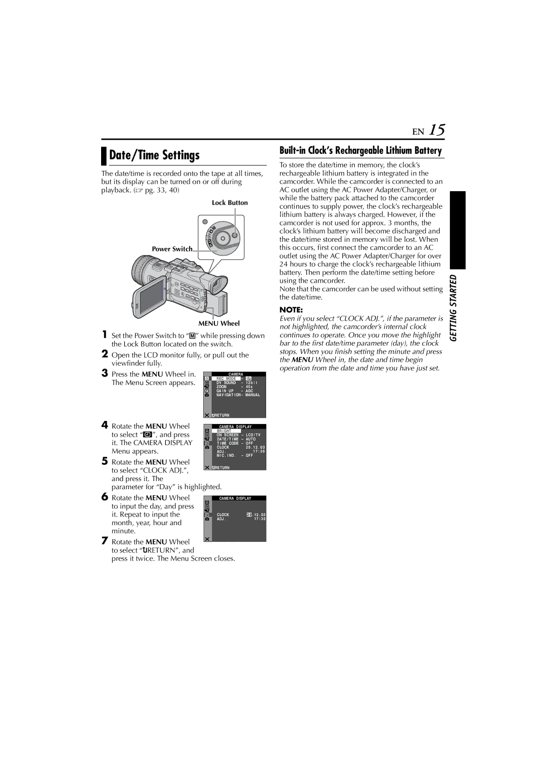 JVC JY-HD10 manual Date/Time Settings, Built-in Clock’s Rechargeable Lithium Battery 