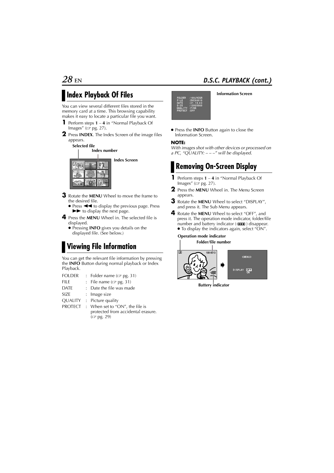 JVC JY-HD10 manual 28 EN, Index Playback Of Files, Viewing File Information 