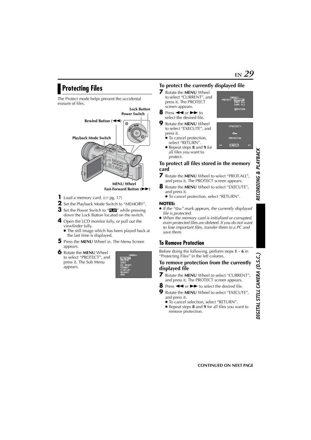 JVC JY-HD10 manual Protecting Files, To Remove Protection, To protect the currently displayed file, Card 