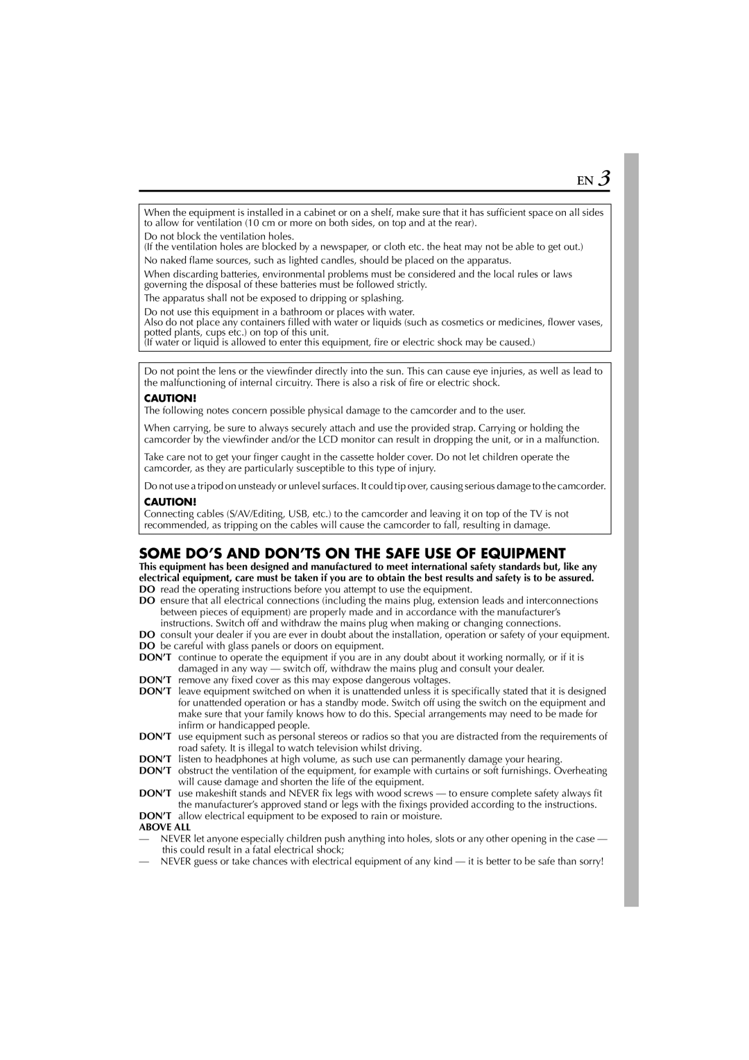 JVC JY-HD10 manual Some DO’S and DON’TS on the Safe USE of Equipment, Above ALL 