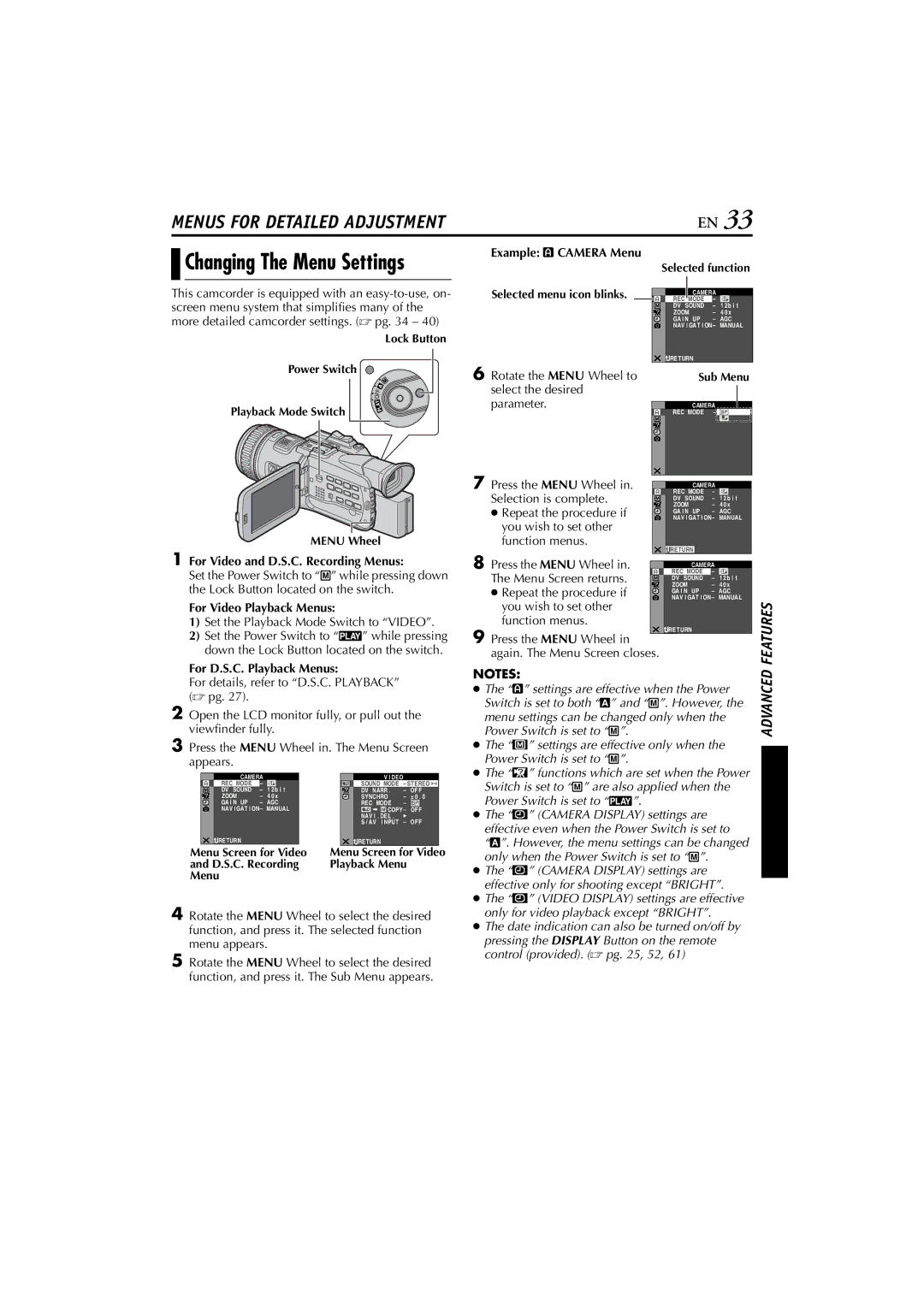 JVC JY-HD10 manual For Video and D.S.C. Recording Menus, For Video Playback Menus, For D.S.C. Playback Menus 