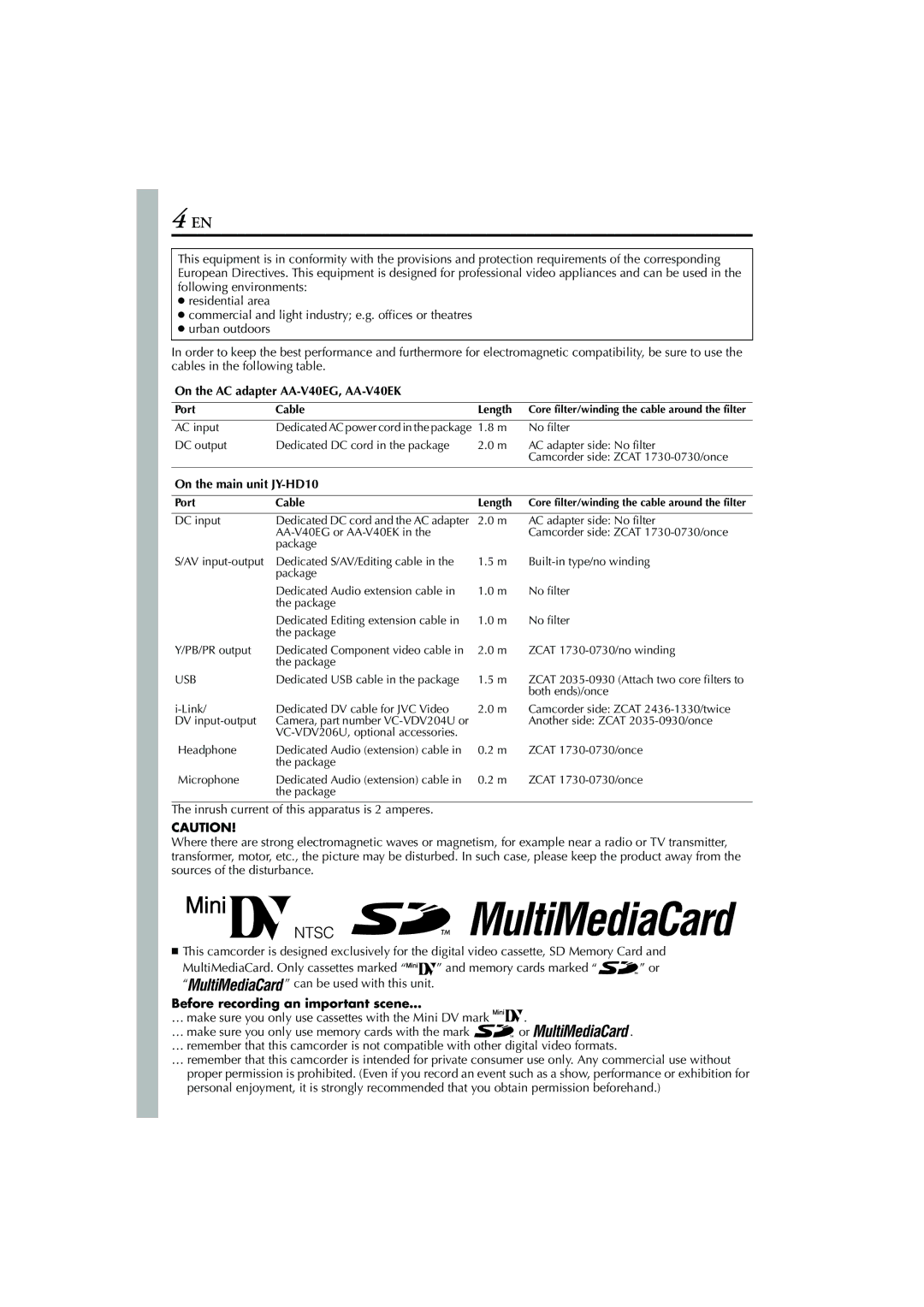 JVC manual On the AC adapter AA-V40EG, AA-V40EK, On the main unit JY-HD10, Before recording an important scene… 