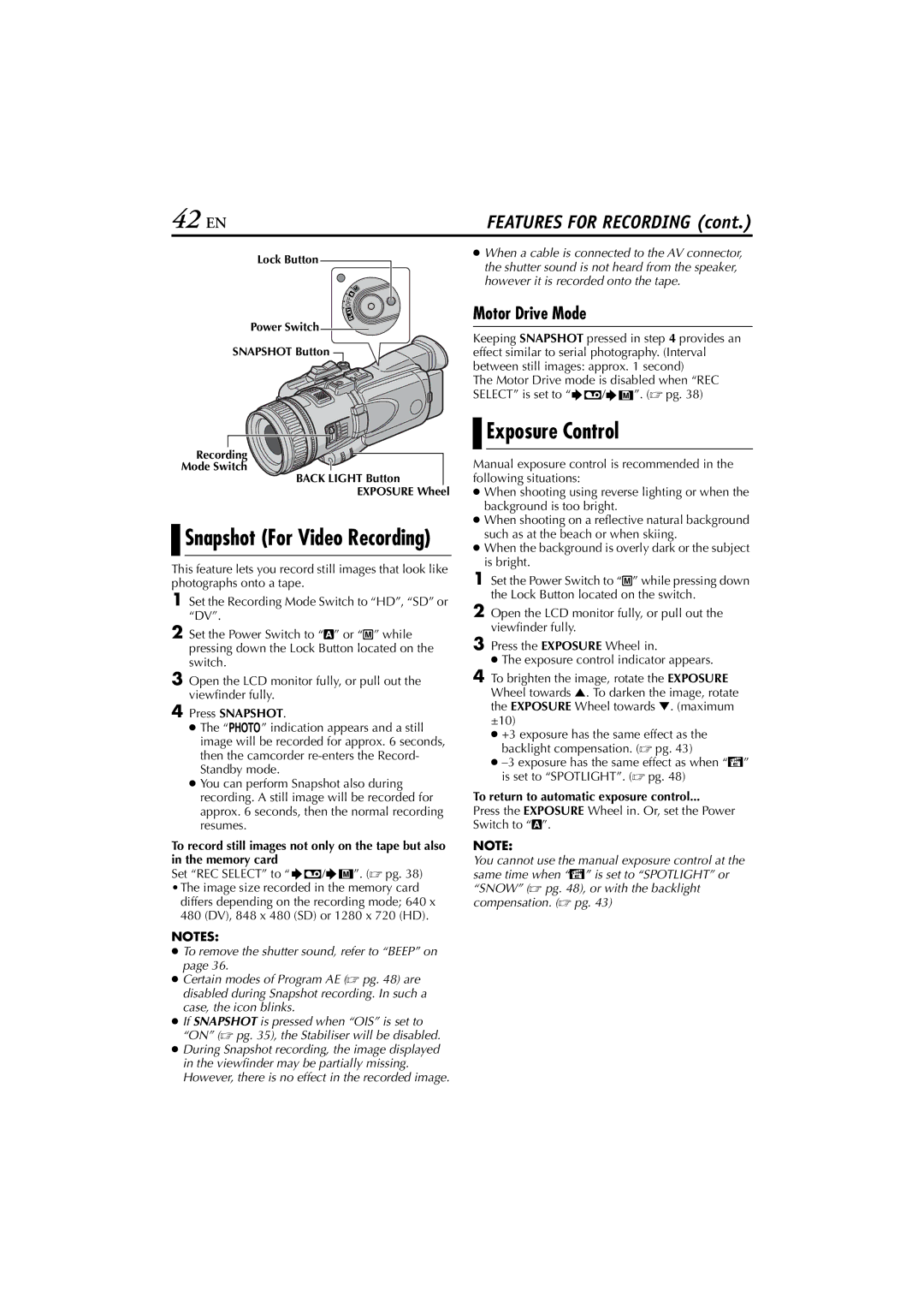 JVC JY-HD10 manual 42 EN, Exposure Control, Motor Drive Mode, To return to automatic exposure control 