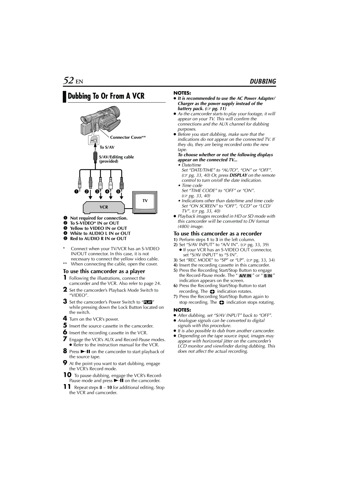 JVC JY-HD10 manual 52 EN, To use this camcorder as a player, To use this camcorder as a recorder, Date/time 