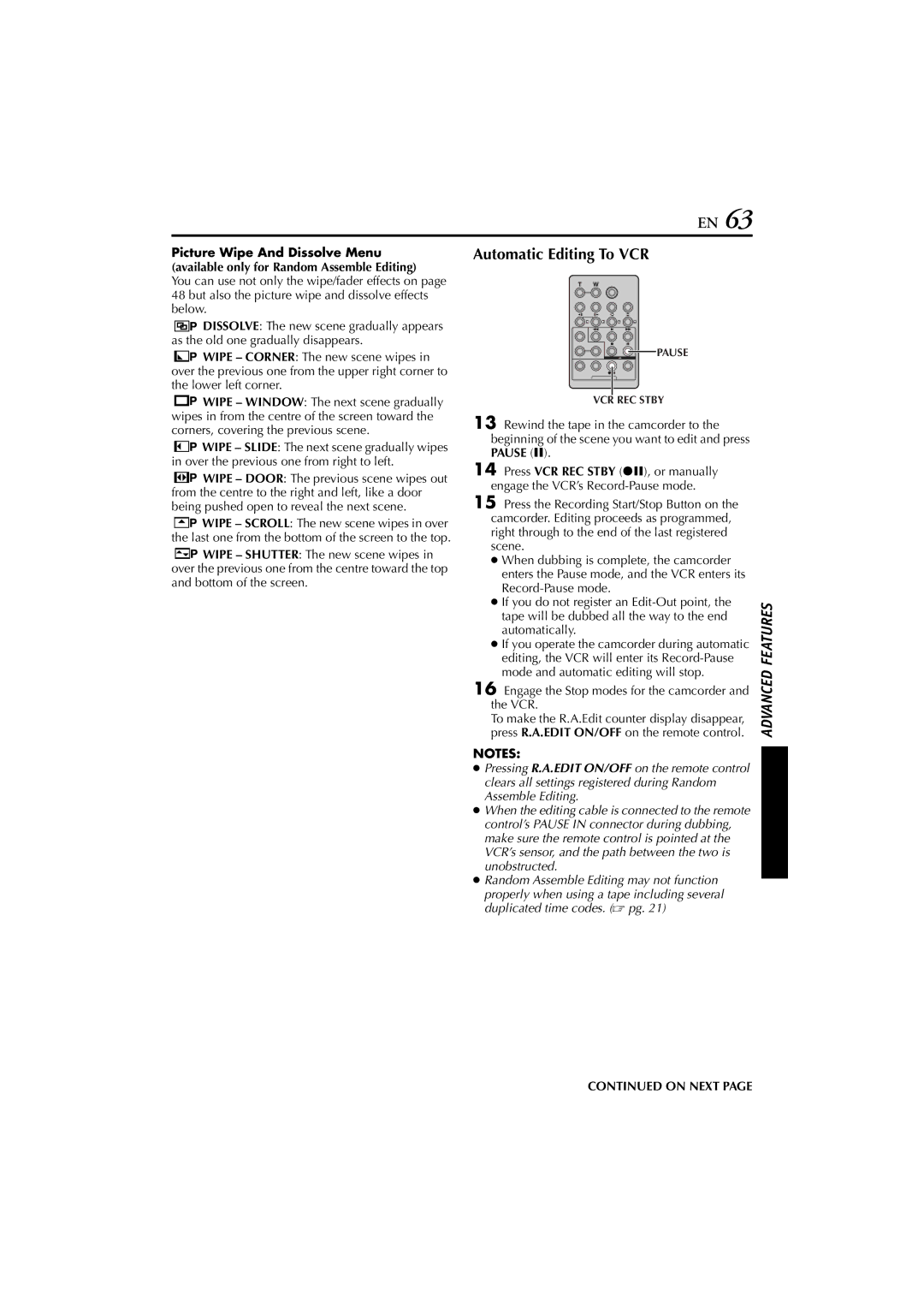 JVC JY-HD10 manual Automatic Editing To VCR, Engage the Stop modes for the camcorder and the VCR 