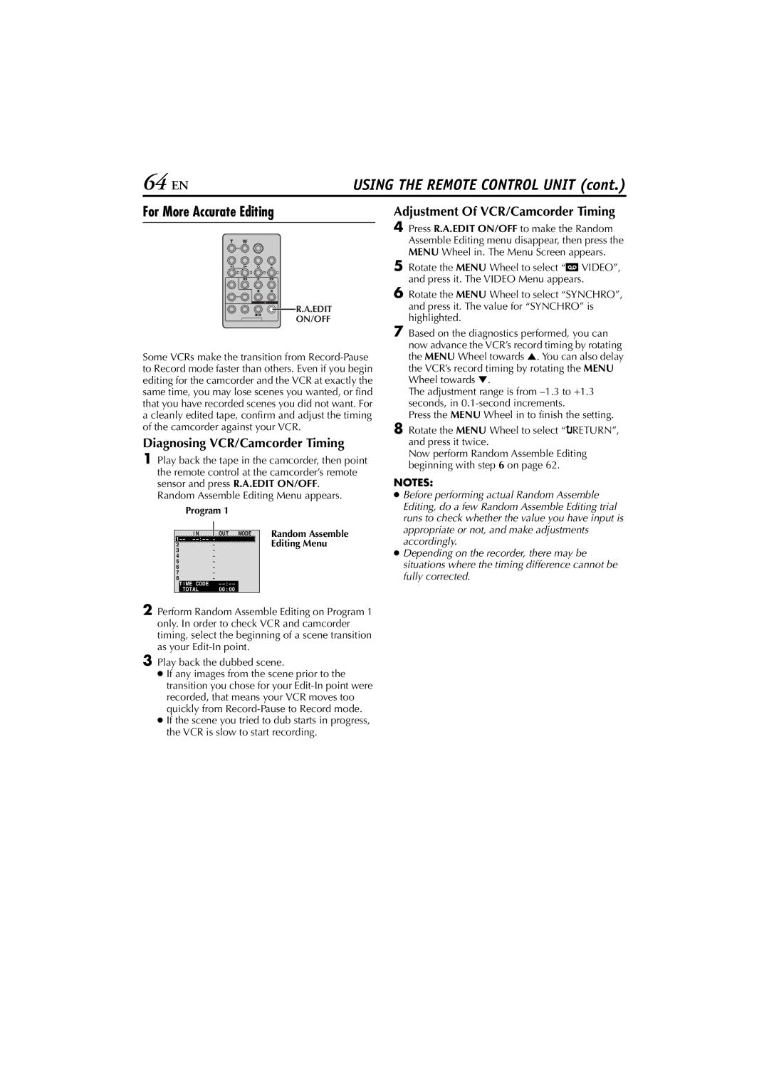 JVC JY-HD10 manual 64 EN, For More Accurate Editing, Diagnosing VCR/Camcorder Timing, Adjustment Of VCR/Camcorder Timing 