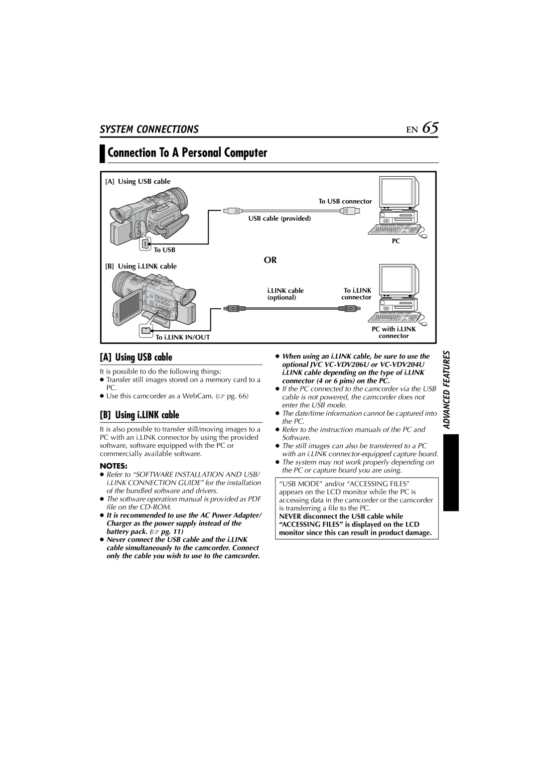 JVC JY-HD10 manual Connection To a Personal Computer, Using USB cable, Using i.LINK cable 