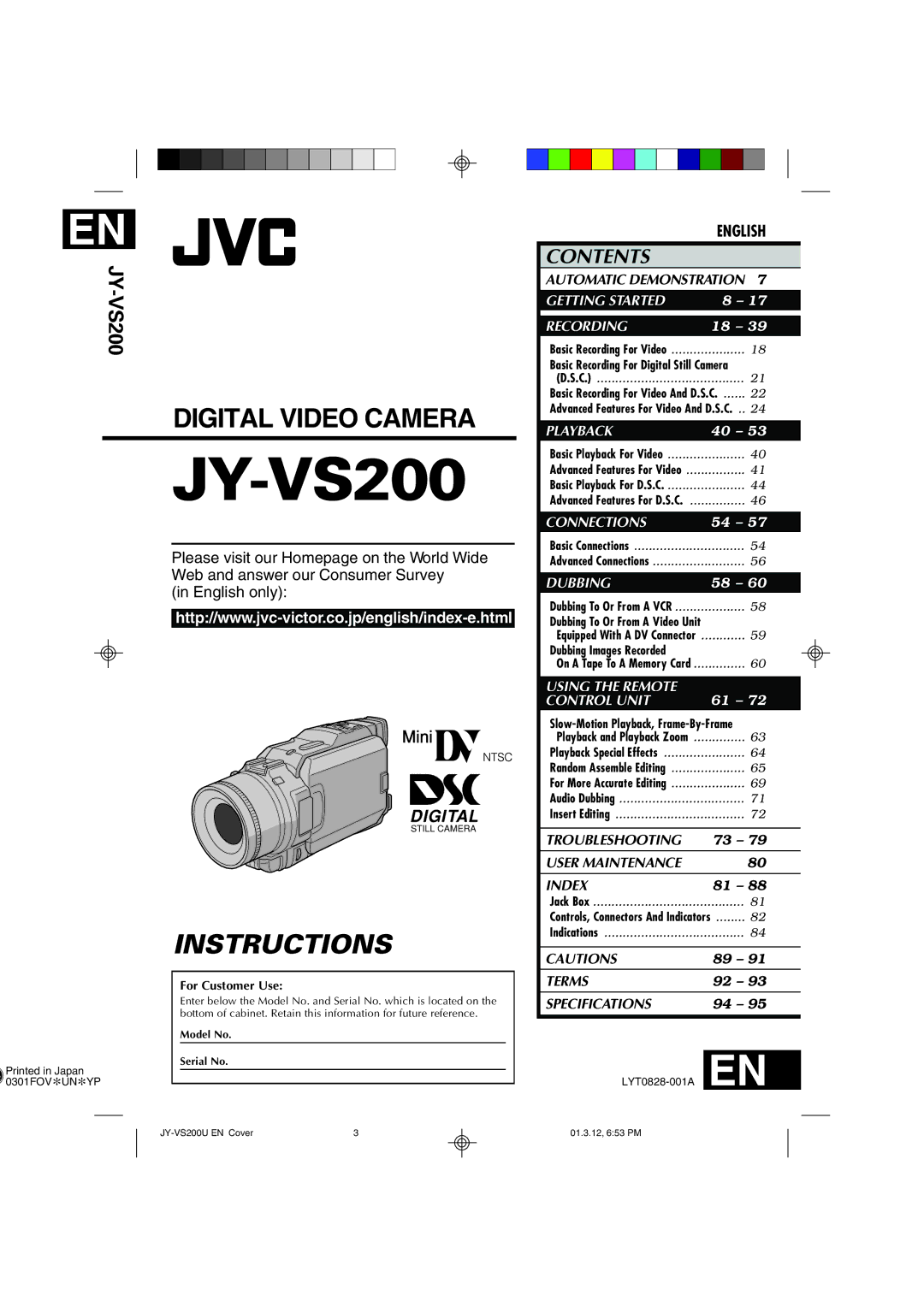 JVC JY-VS200 manual Instructions, Contents 