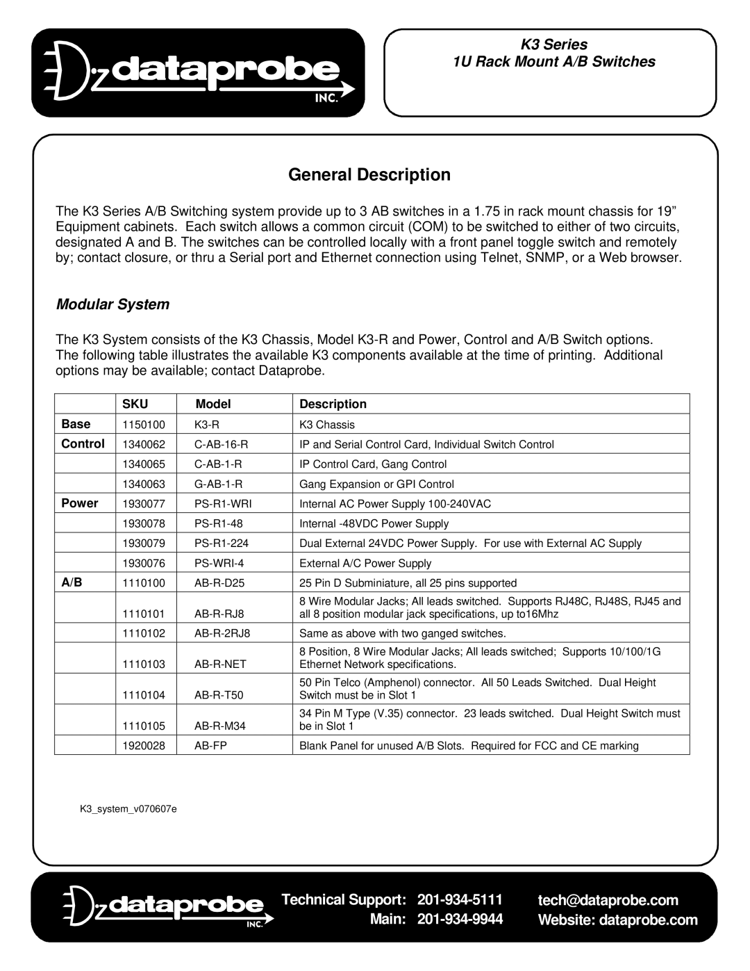 JVC K3-R specifications General Description, K3 Series 1U Rack Mount A/B Switches, Modular System 