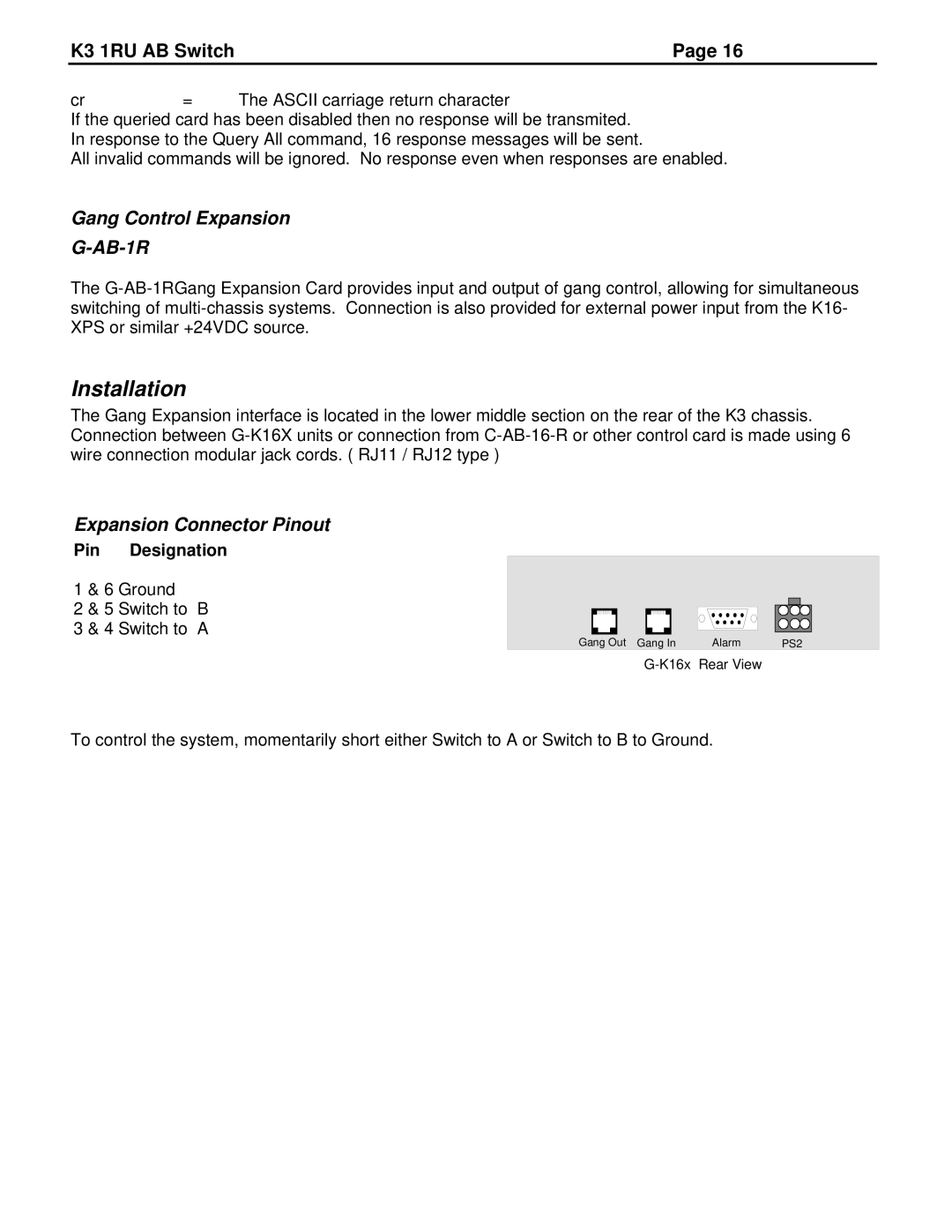 JVC K3-R specifications Gang Control Expansion, Expansion Connector Pinout 