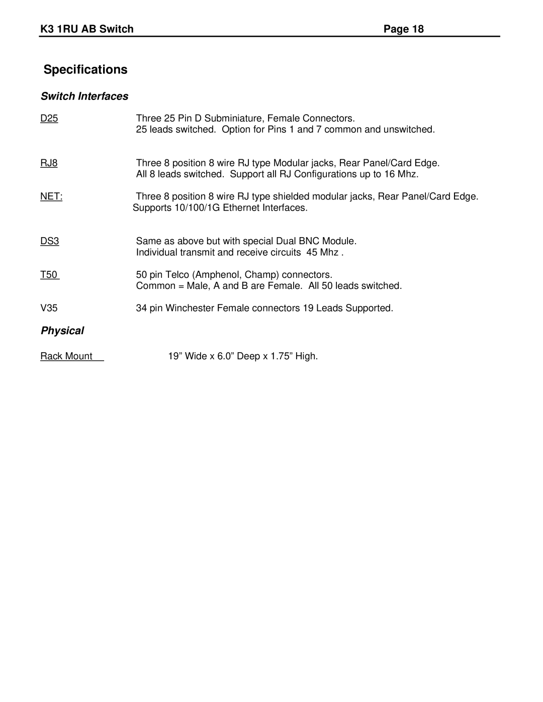 JVC K3-R specifications Specifications, Switch Interfaces, Physical 