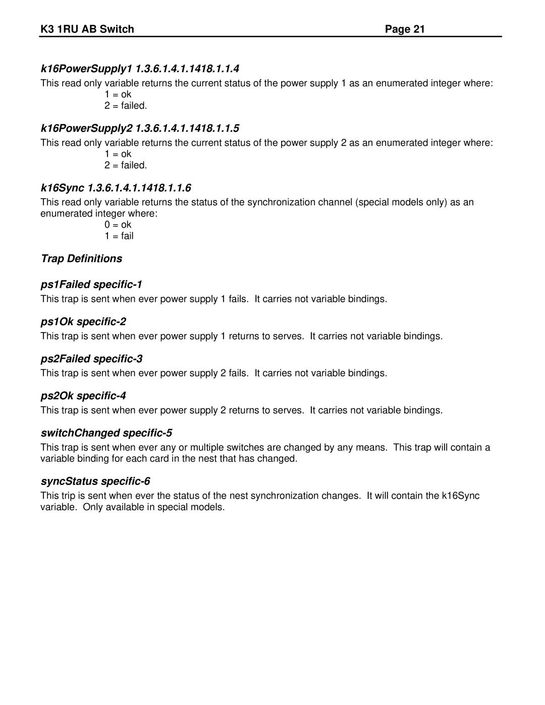 JVC K3-R specifications K16PowerSupply1, K16PowerSupply2, K16Sync, Trap Definitions Ps1Failed specific-1, Ps1Ok specific-2 