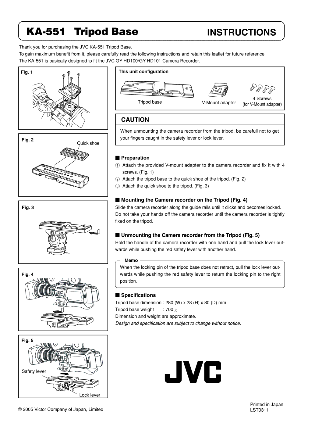 JVC specifications KA-551 Tripod Base, Instructions 