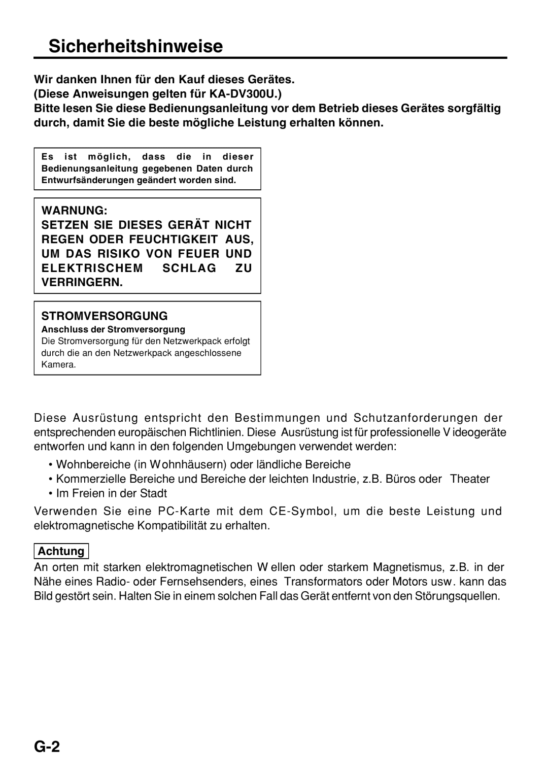 JVC KA-DV300 manual Sicherheitshinweise, Achtung 