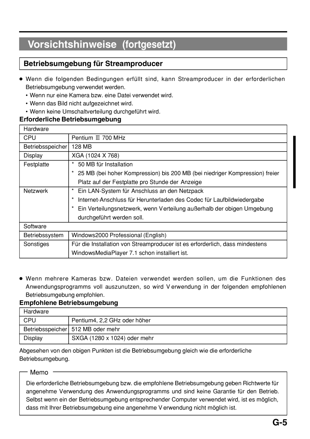 JVC KA-DV300 manual Vorsichtshinweise fortgesetzt, Erforderliche Betriebsumgebung, Empfohlene Betriebsumgebung 