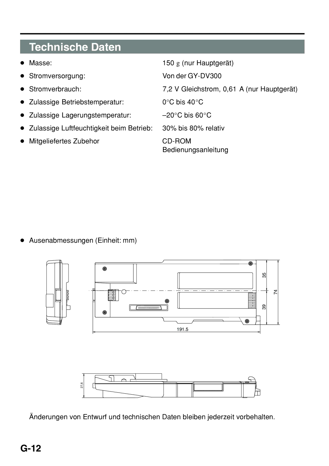 JVC KA-DV300 manual Ausenabmessungen Einheit mm 