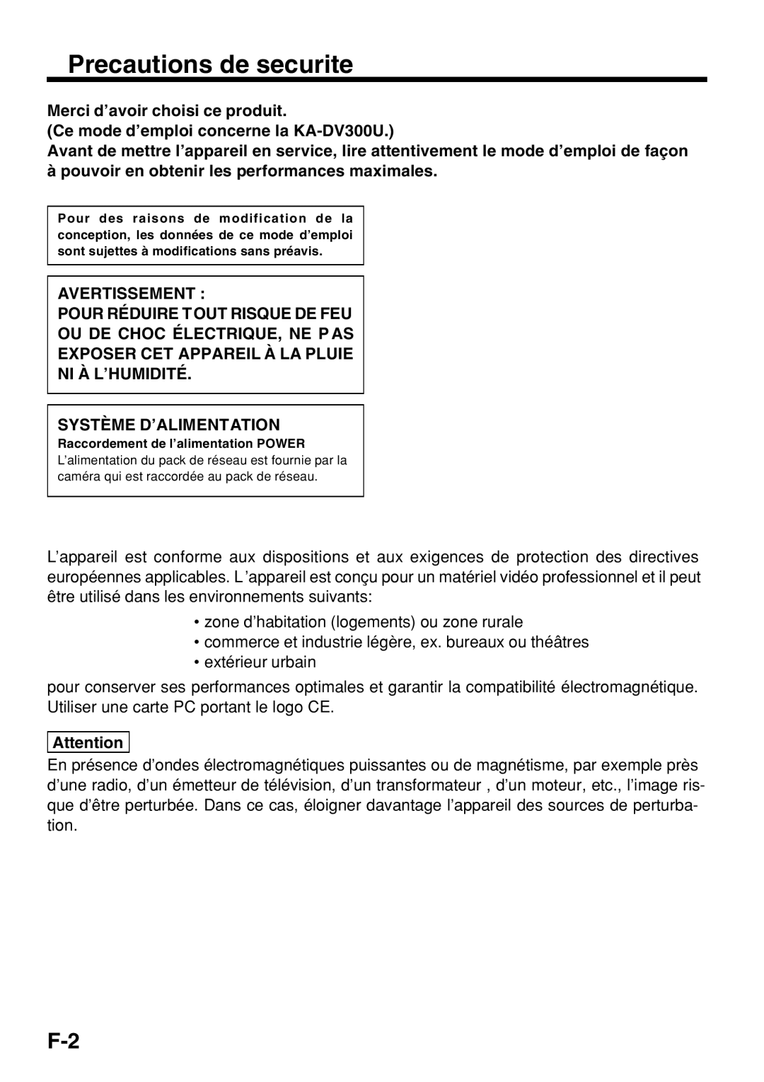 JVC KA-DV300 manual Precautions de securite 