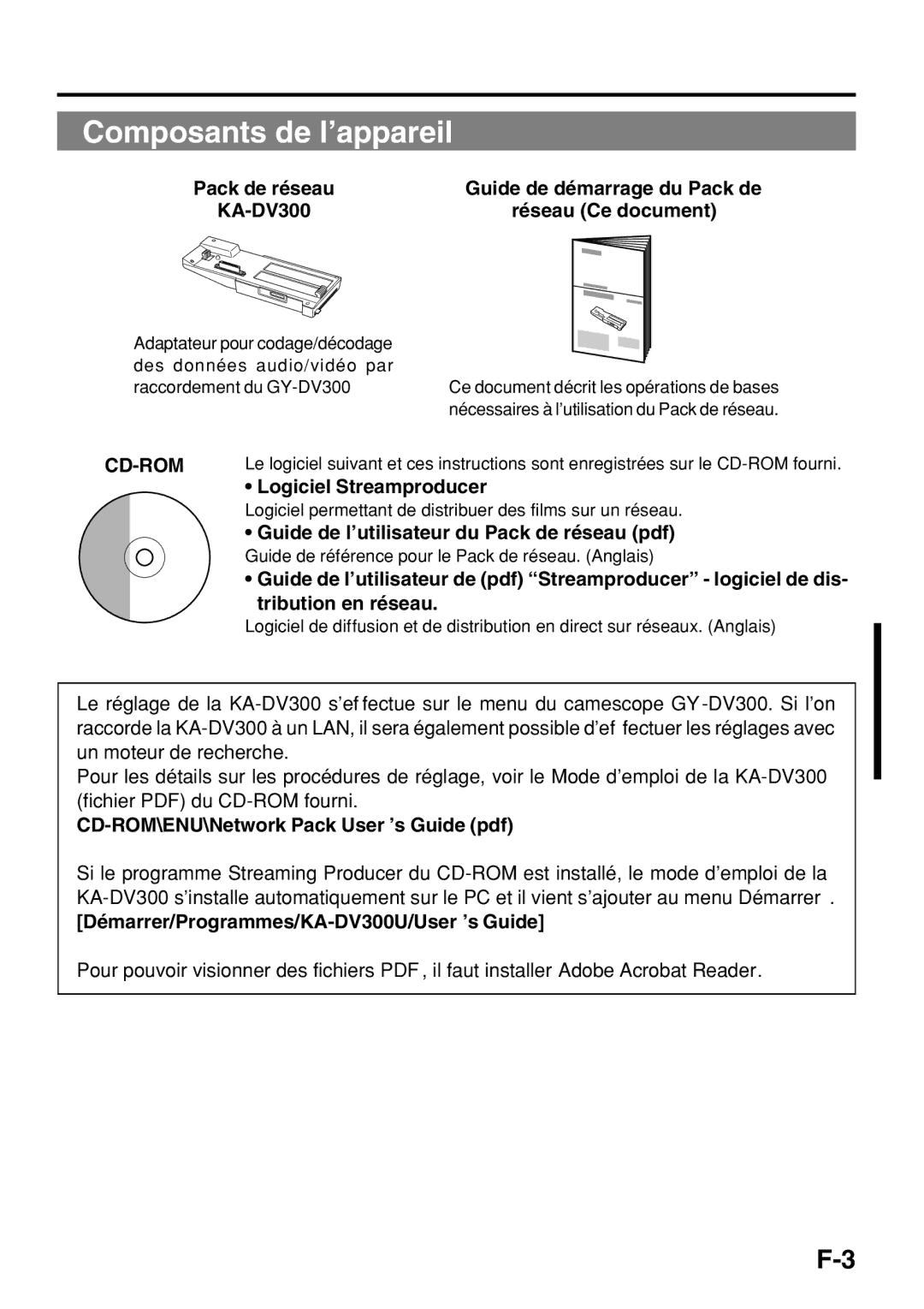 JVC KA-DV300 manual Composants de l’appareil, Logiciel Streamproducer, Tribution en réseau 