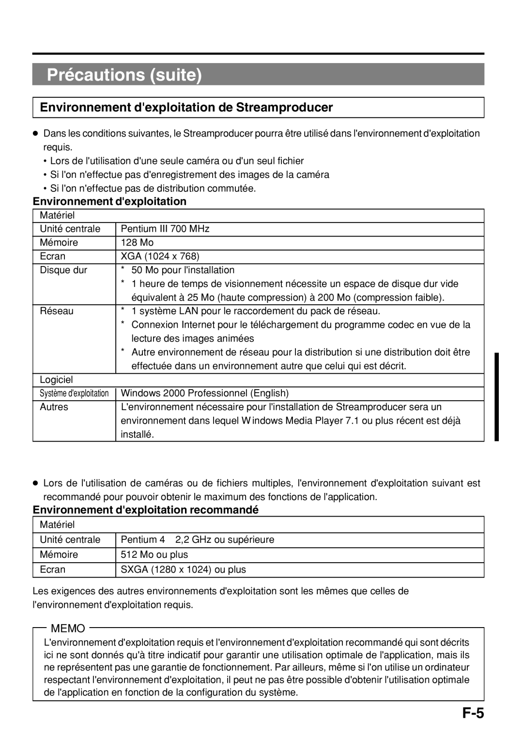 JVC KA-DV300 manual Précautions suite, Environnement dexploitation recommandé 