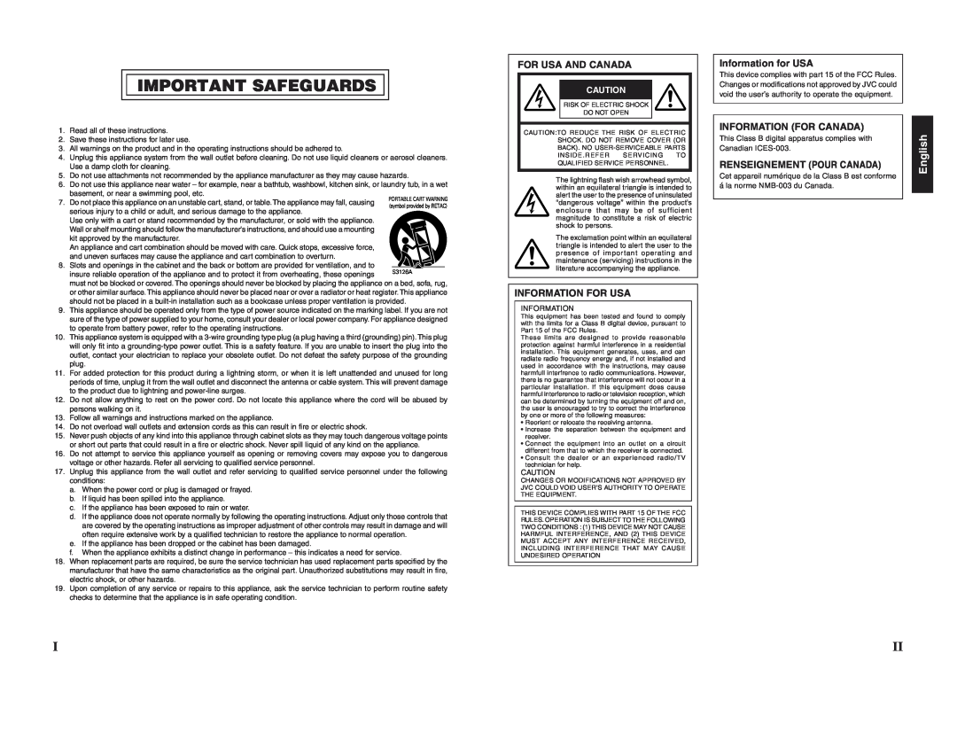JVC KA-DV5000 manual English, Important Safeguards 