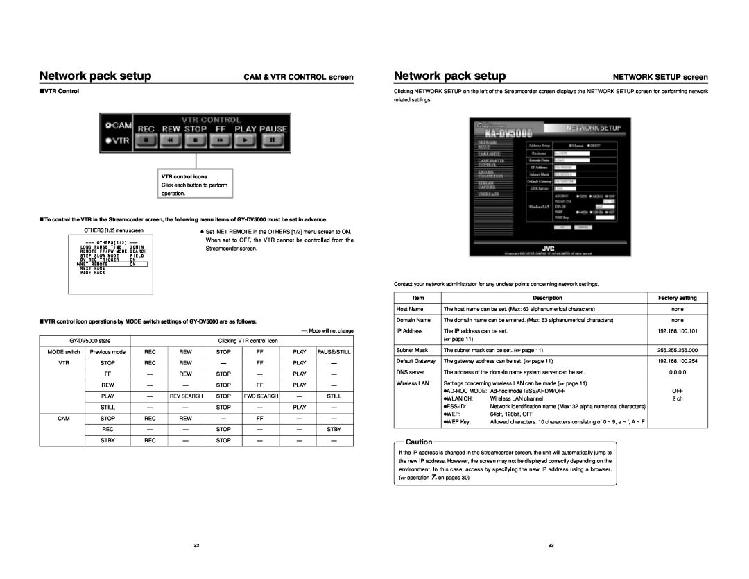 JVC KA-DV5000 manual NETWORK SETUP screen, Network pack setup, CAM & VTR CONTROL screen, OTHERS 1/2 menu screen 