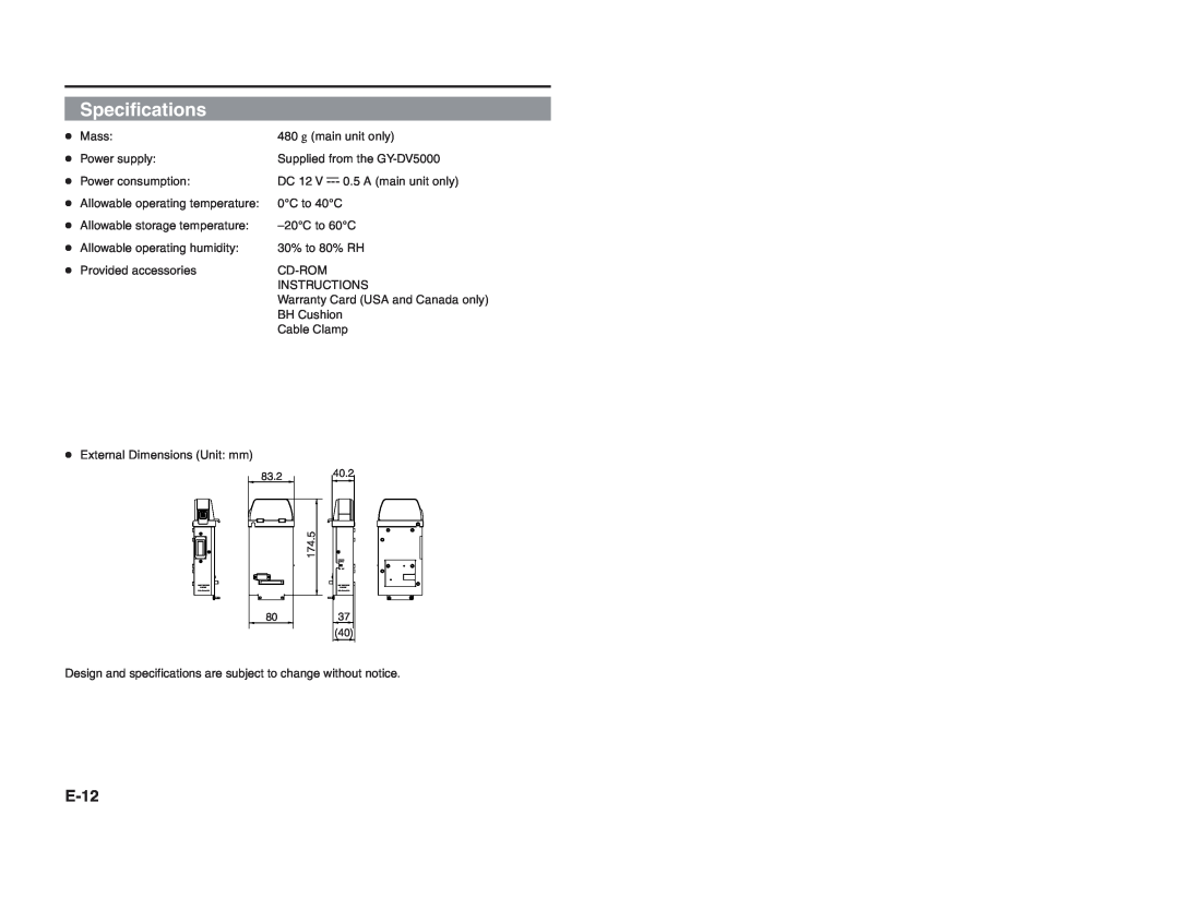 JVC KA-DV5000 manual Specifications, E-12 