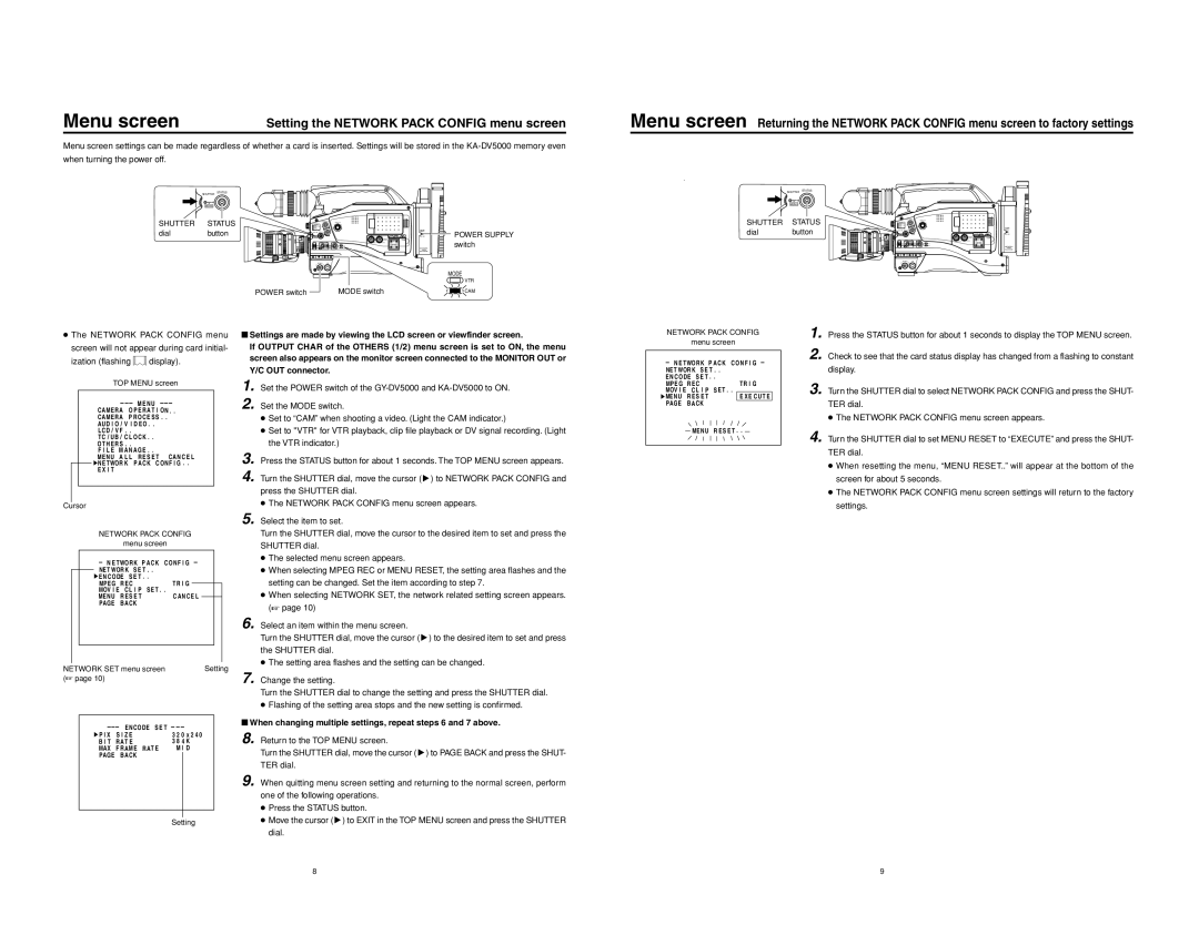 JVC KA-DV5000 manual Setting the Network Pack Config menu screen, Shutter Status 