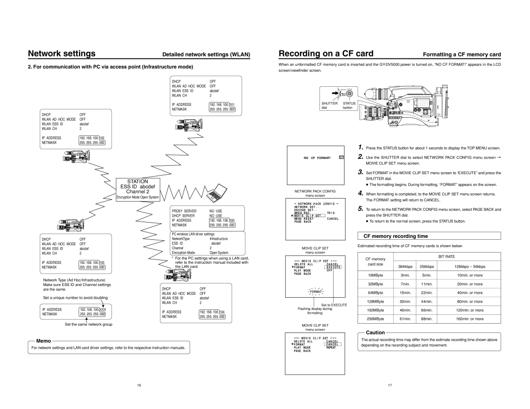 JVC KA-DV5000 manual Recording on a CF card, Formatting a CF memory card, Memo, CF memory recording time 