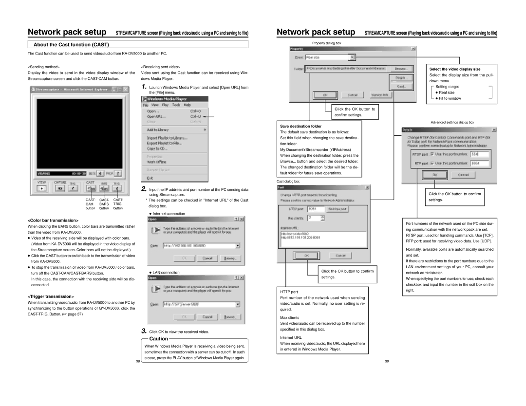 JVC KA-DV5000 manual About the Cast function Cast, Color bar transmission, Trigger transmission, Save destination folder 