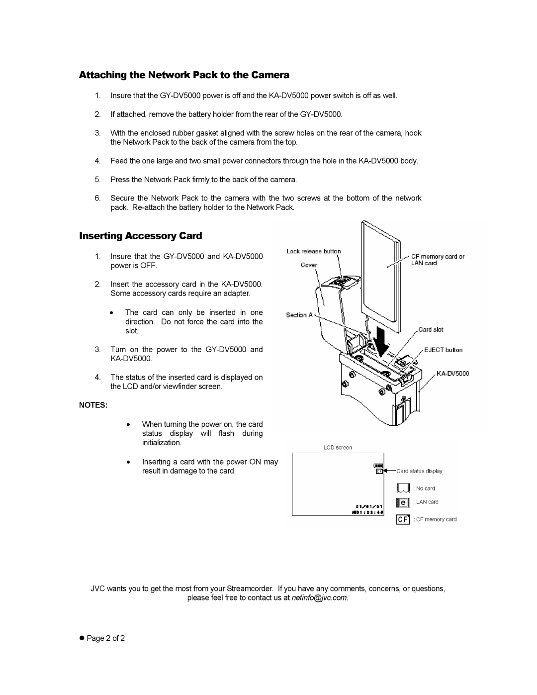 JVC KA-DV5000 manual Attaching the Network Pack to the Camera, Inserting Accessory Card 