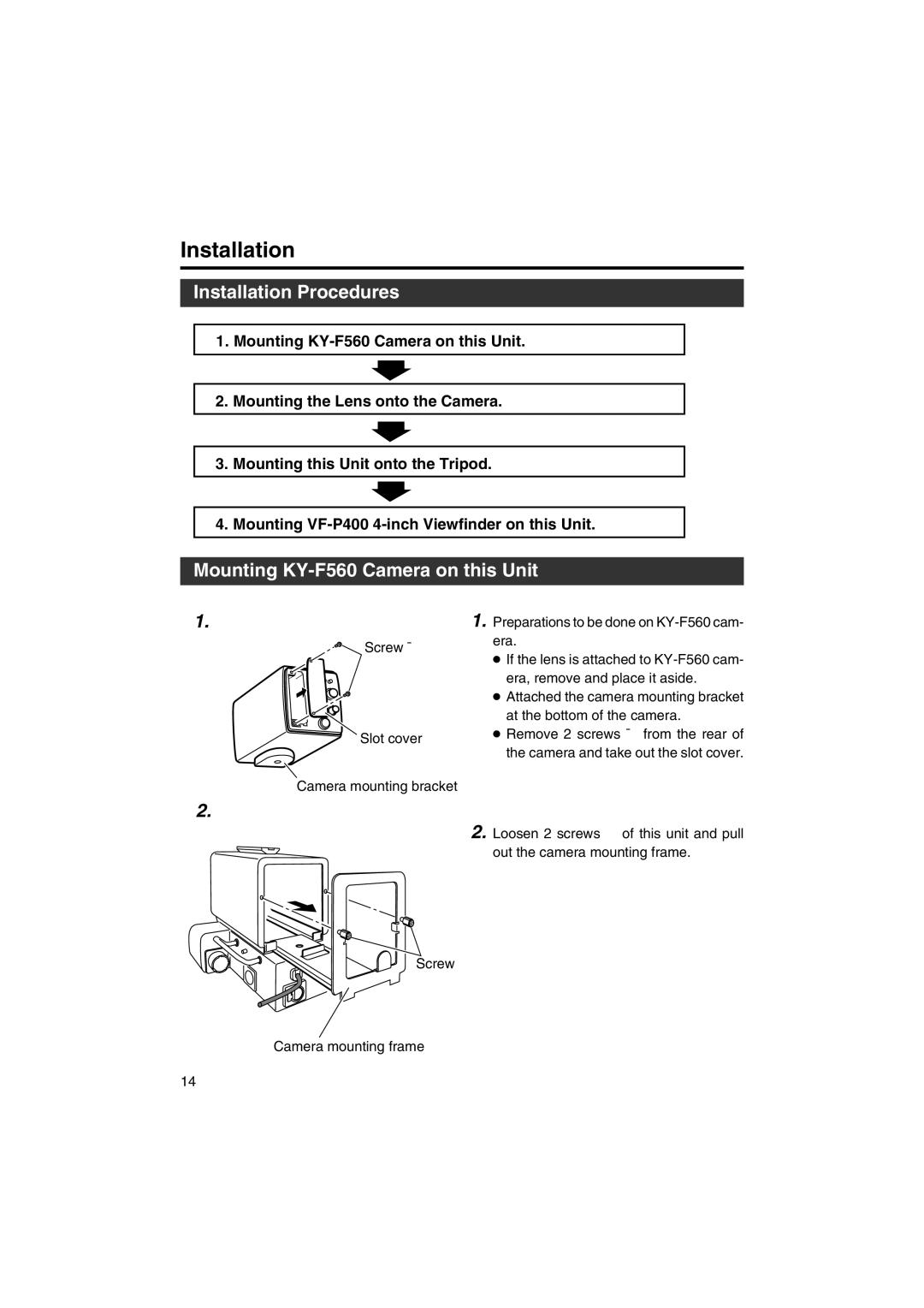 JVC KA-F5602U, KA-F5603U manual Installation Procedures, Mounting KY-F560 Camera on this Unit 