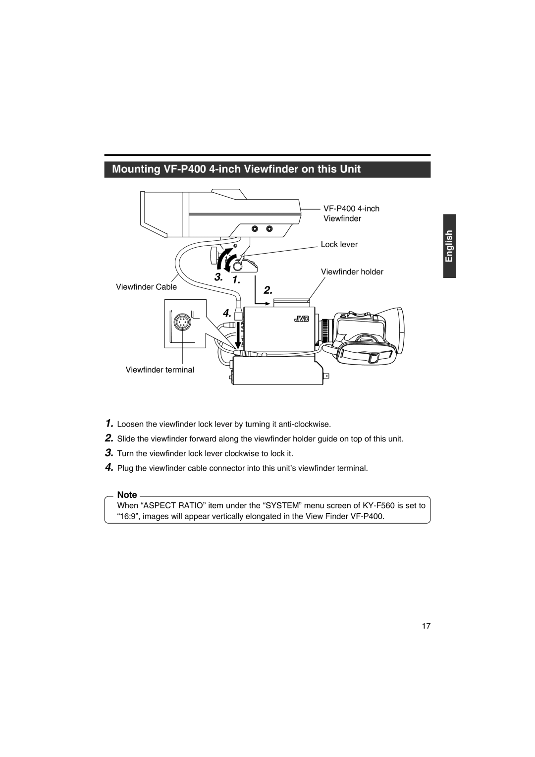 JVC KA-F5603U, KA-F5602U manual Mounting VF-P400 4-inch Viewfinder on this Unit 