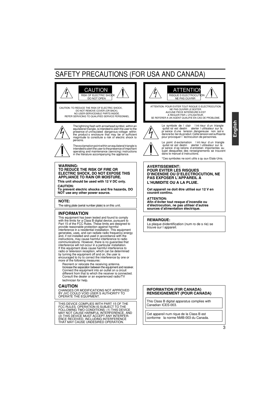 JVC KA-F5603U, KA-F5602U manual Safety Precautions for USA and Canada 