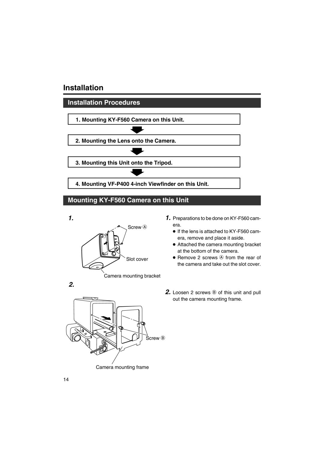 JVC KA-F5602U, KA-F5603U manual Installation Procedures, Mounting KY-F560 Camera on this Unit 