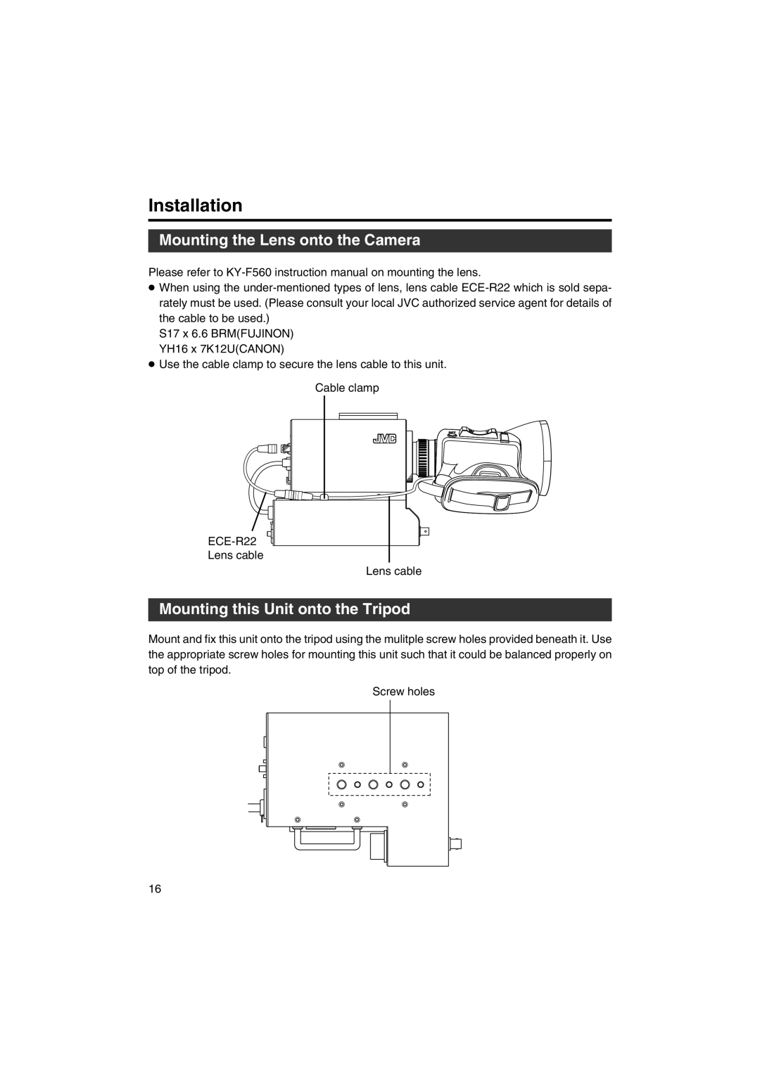 JVC KA-F5602U, KA-F5603U manual Mounting the Lens onto the Camera, Mounting this Unit onto the Tripod 