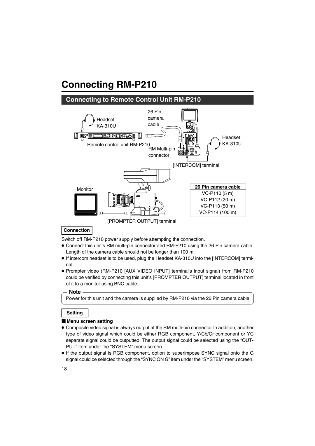 JVC KA-F5602U, KA-F5603U manual Connecting RM-P210, Connecting to Remote Control Unit RM-P210, Connection Pin camera cable 