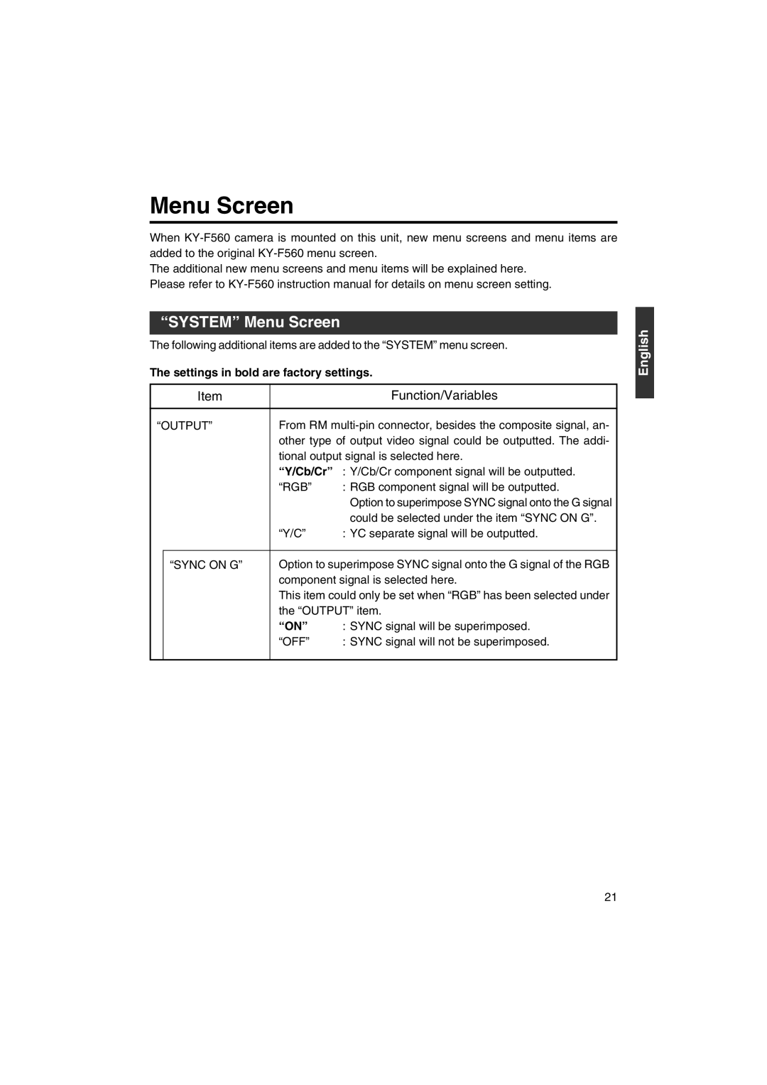 JVC KA-F5603U, KA-F5602U manual System Menu Screen, Settings in bold are factory settings 