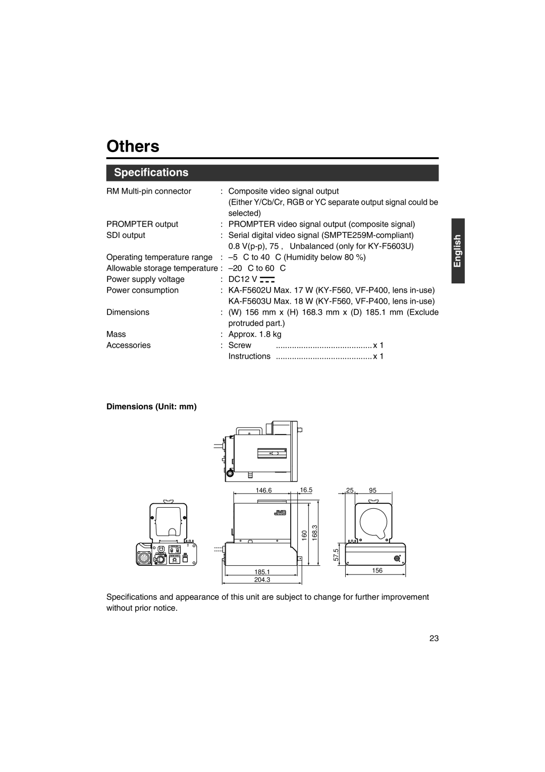 JVC KA-F5603U, KA-F5602U manual Others, Specifications, Dimensions Unit mm 