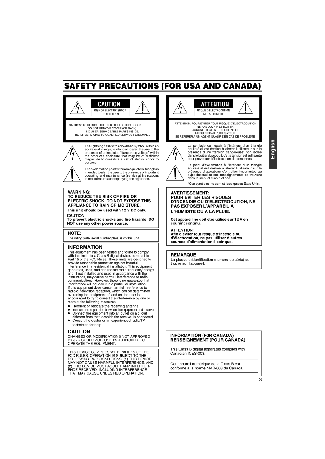 JVC KA-F5603U, KA-F5602U manual Safety Precautions for USA and Canada 