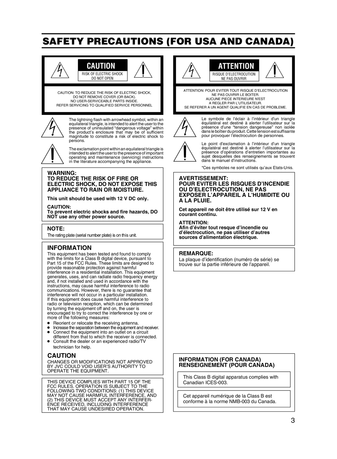 JVC KA-F5604U manual Safety Precautions for USA and Canada, Information 