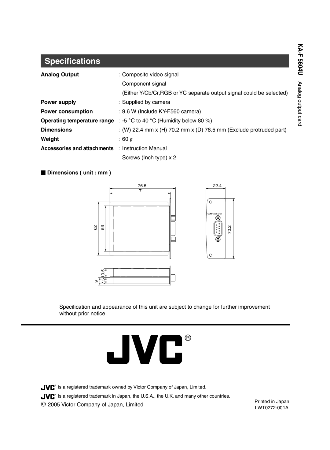 JVC KA-F5604U manual Specifications, Analog Output 