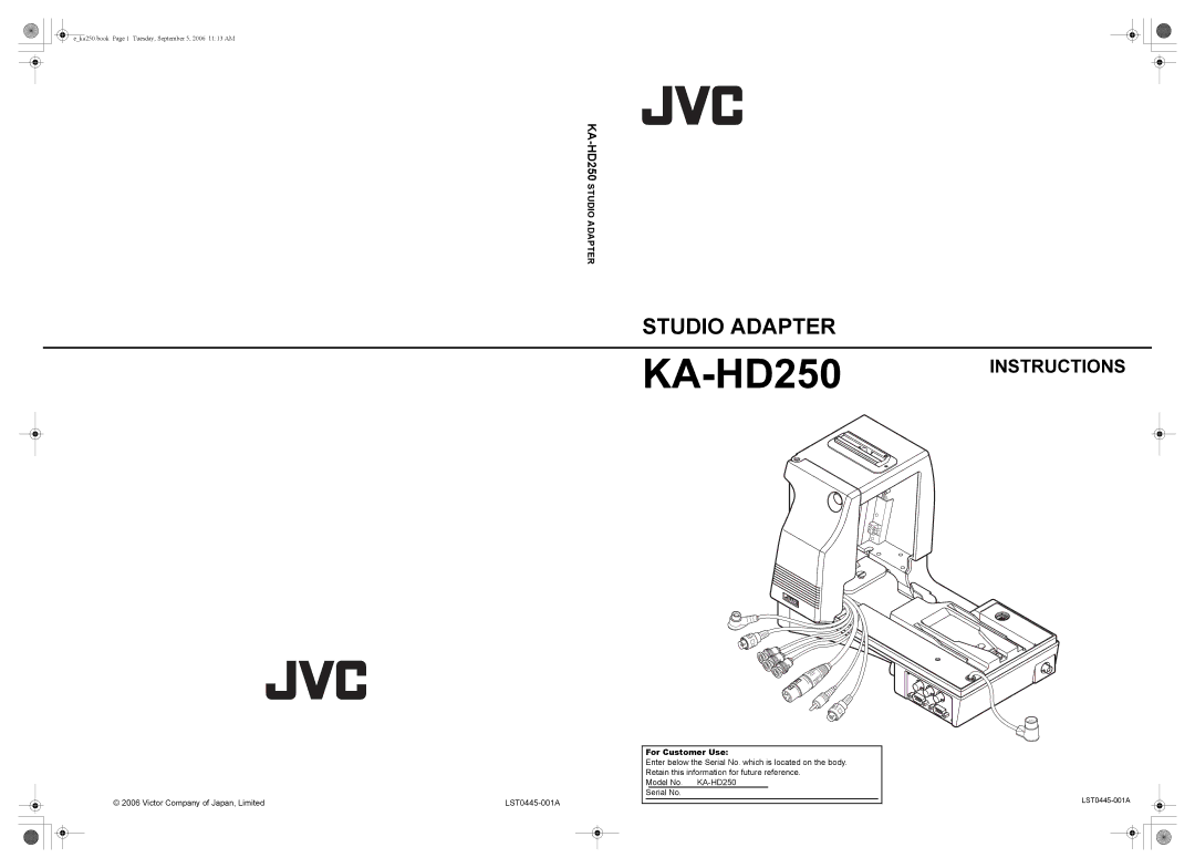 JVC KA-HD250 manual Studio Adapter, For Customer Use 