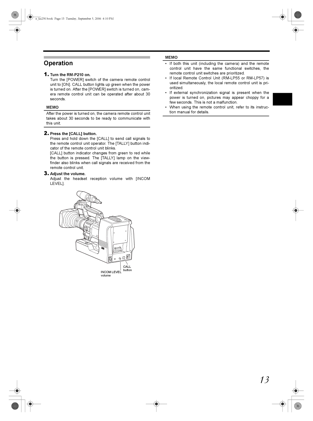 JVC KA-HD250 manual Operation, Turn the RM-P210 on, Press the Call button, Adjust the volume 