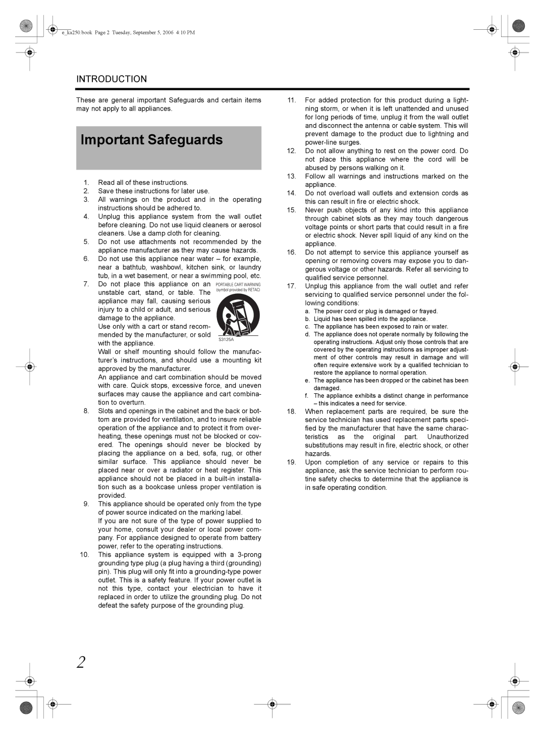 JVC KA-HD250 manual Important Safeguards 