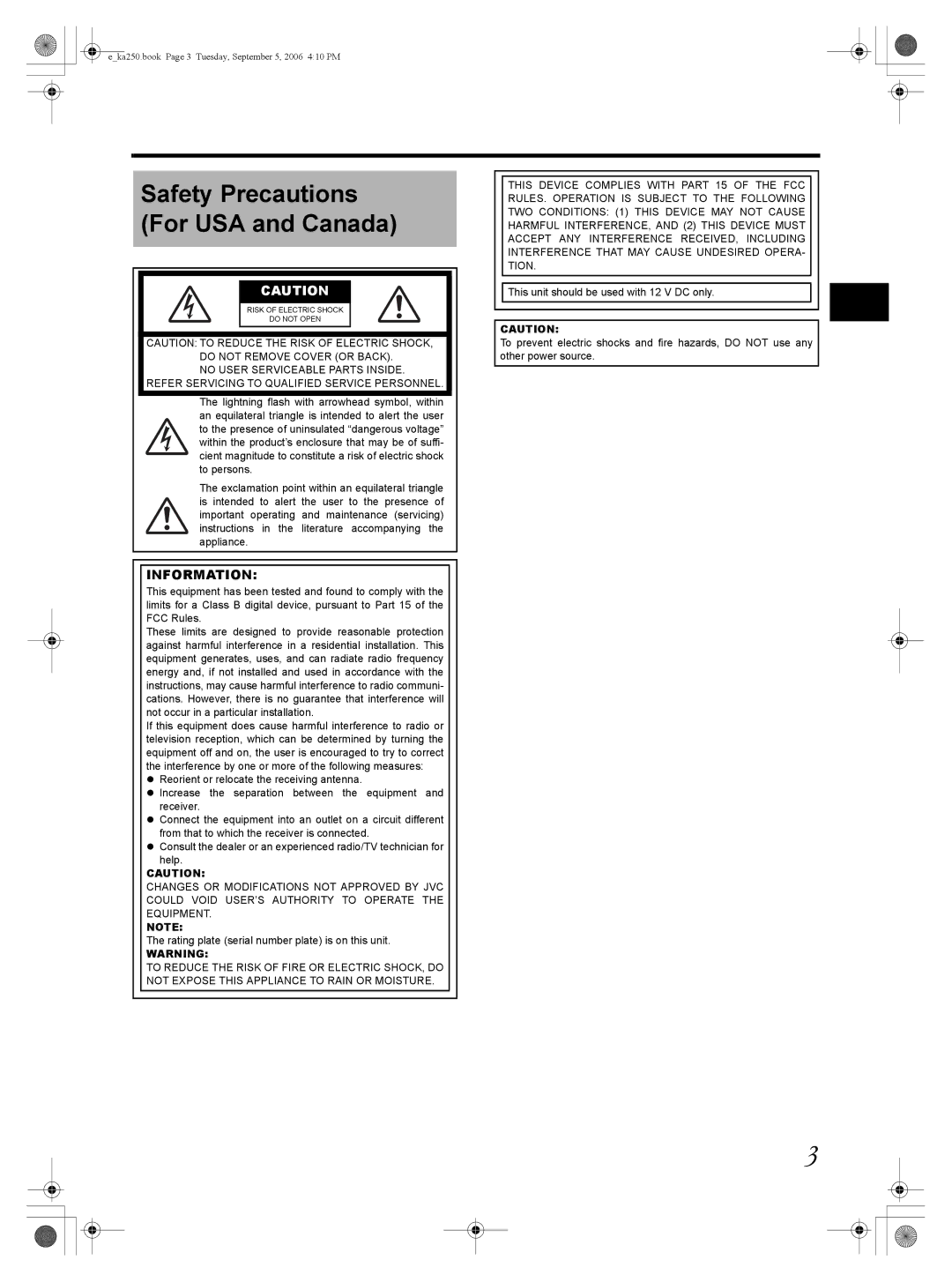 JVC KA-HD250 manual Safety Precautions For USA and Canada, Information 