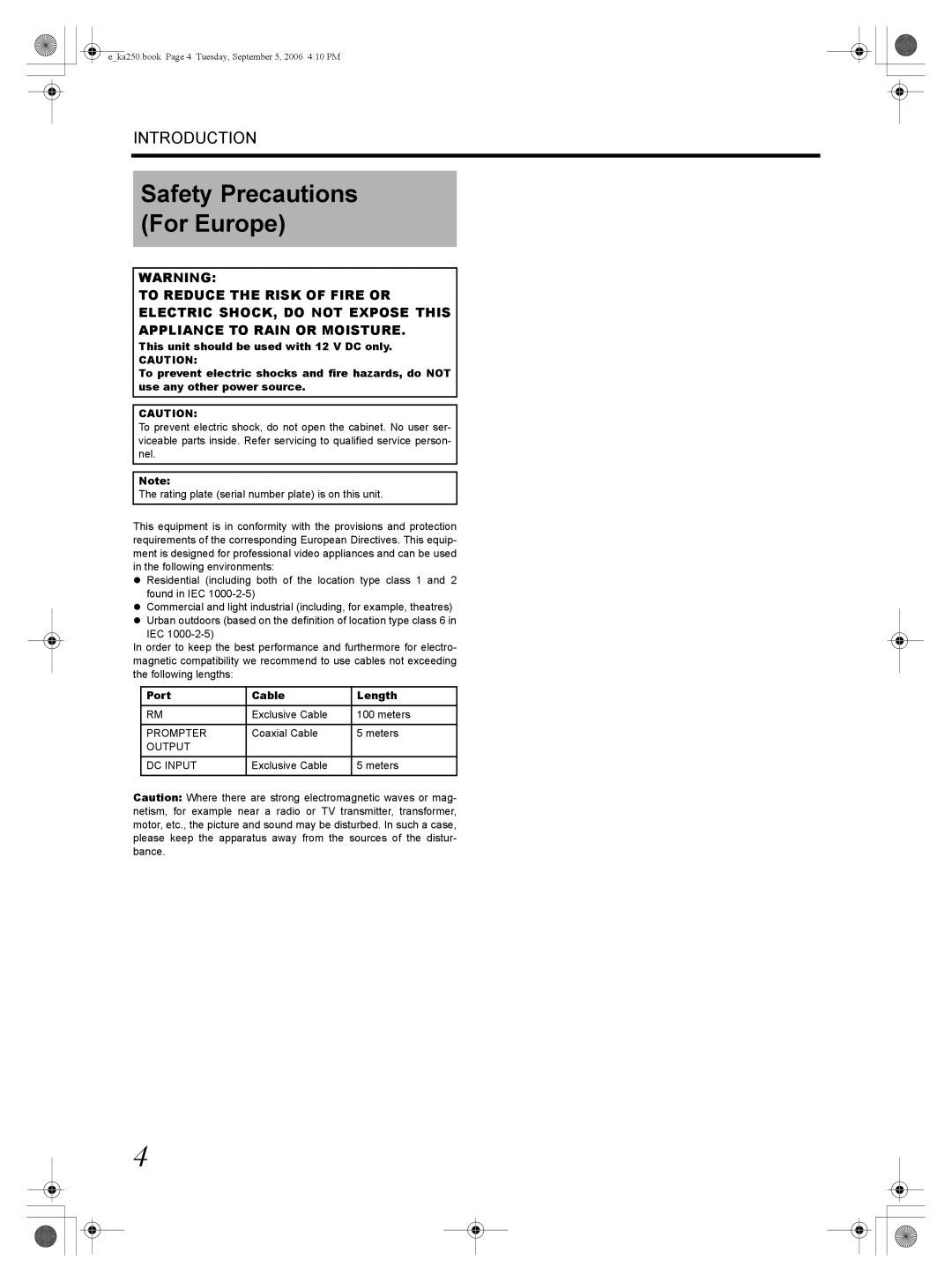 JVC KA-HD250 manual Safety Precautions For Europe, Port Cable Length 