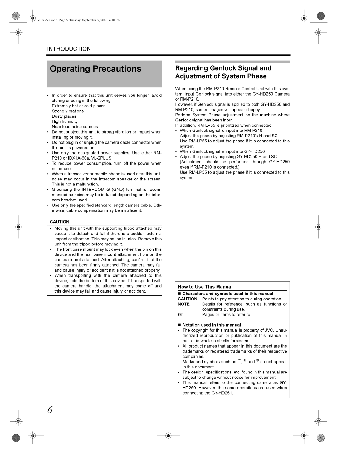 JVC KA-HD250 Operating Precautions, „ Notation used in this manual 