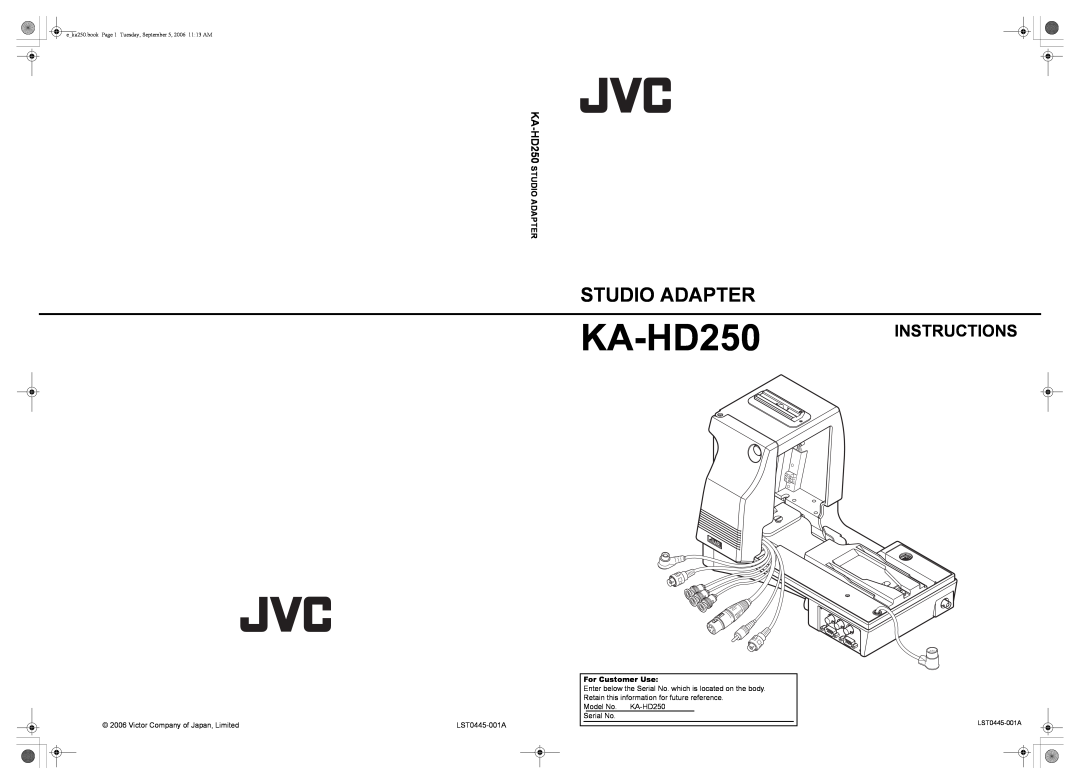 JVC manual KA-HD250 STUDIO ADAPTER, For Customer Use, Studio Adapter, KA-HD250 INSTRUCTIONS 