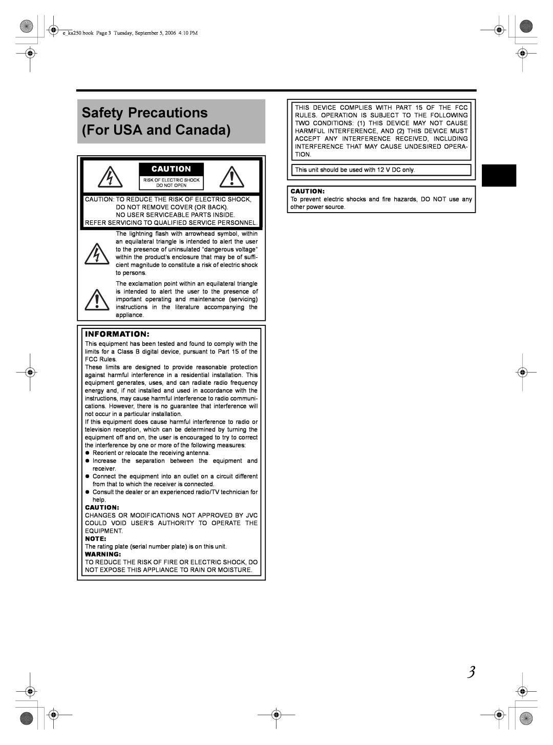 JVC KA-HD250 manual Safety Precautions For USA and Canada, Information 